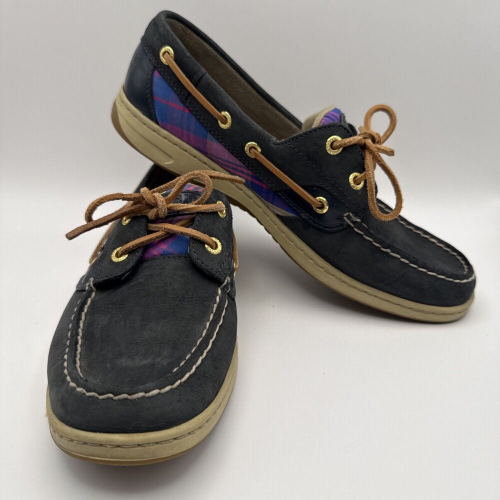Sperry Top-Sider Navy Blue Plaid Leather Boat Shoes 9353657 Womens Size 9.5 M